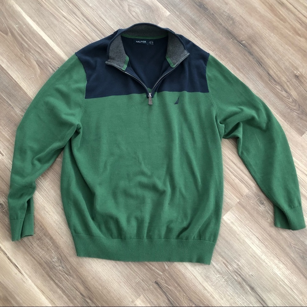 NAUTICA Mens Navy Blue and Green 1/3 zip mock neck sweater size Large